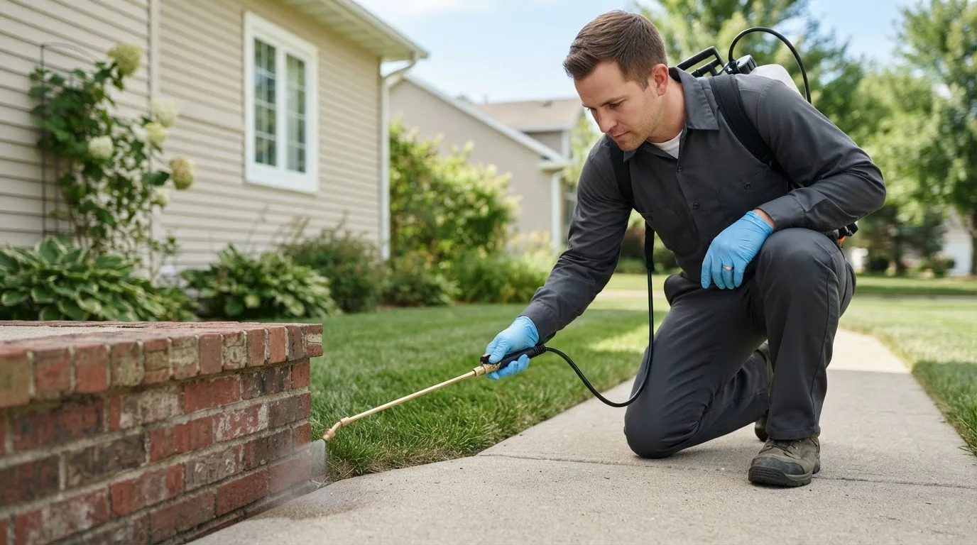 Pest control technician treating a home near Royalston, MA